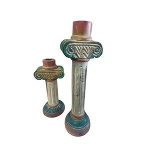 Vintage Pier 1 Pink Green Hand Painted Aztec Pillar Candlestick Holder‎ Pair 13"
